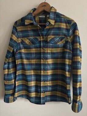 LL Bean Plaid Flannel Bright Blue Yellow Small Petite Button Up Cabin Cozy Warm